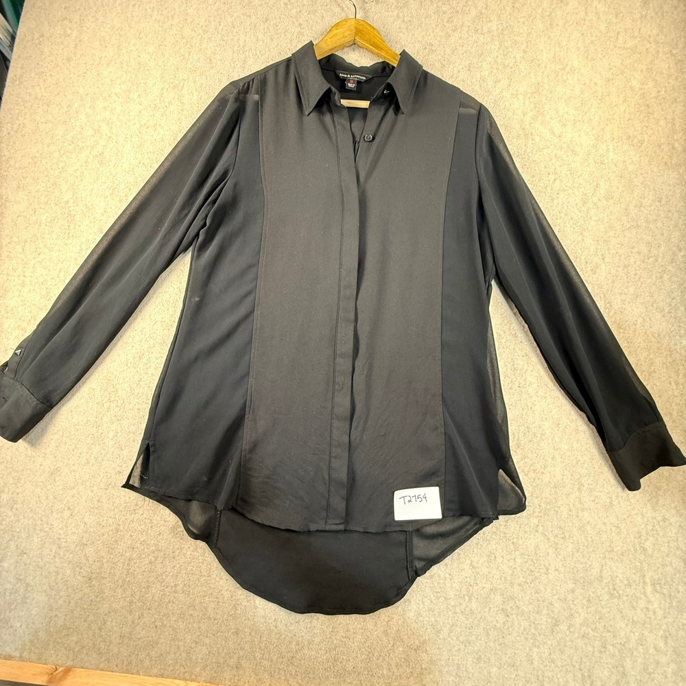 Rock & Republic Womens Black Sheer Panel High Low Button Down Blouse Size M